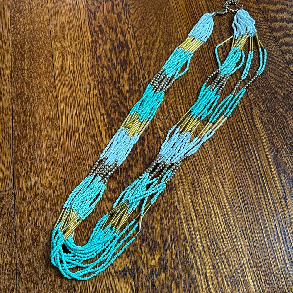ALDO White Turquoise Gold Long Torsade Multi Strand Beaded Necklace Southwest